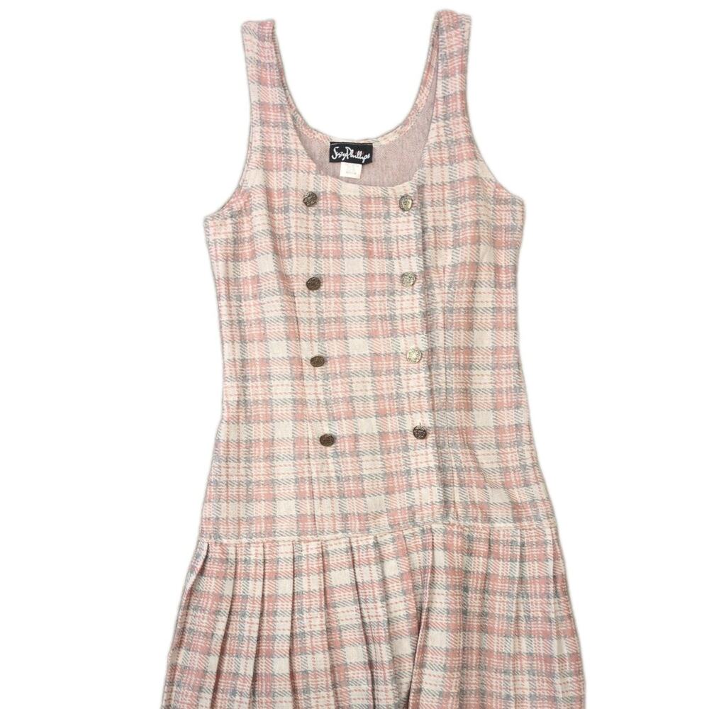Suzy Phillips Vintage Plaid Tank Dress M Pink Beige Pleated Mini USA Made
